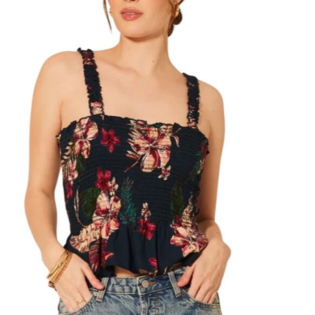 Patrons Of Peace Selene Tank Top Sz Medium Floral Smocked Peplum Multicolor New